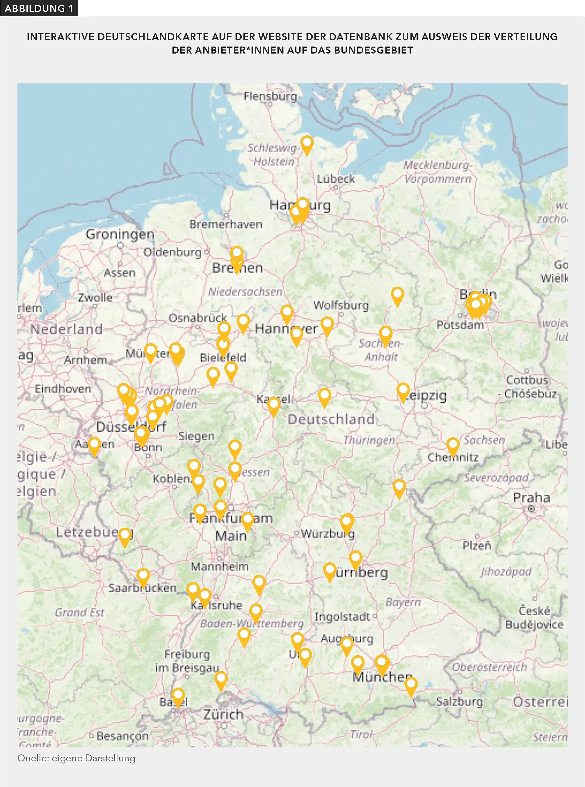 Interaktive Deutschlandkarte auf der Website der Datenbank zum Ausweis der Verteilung der Anbieter*innen auf das Bundesgebiet.