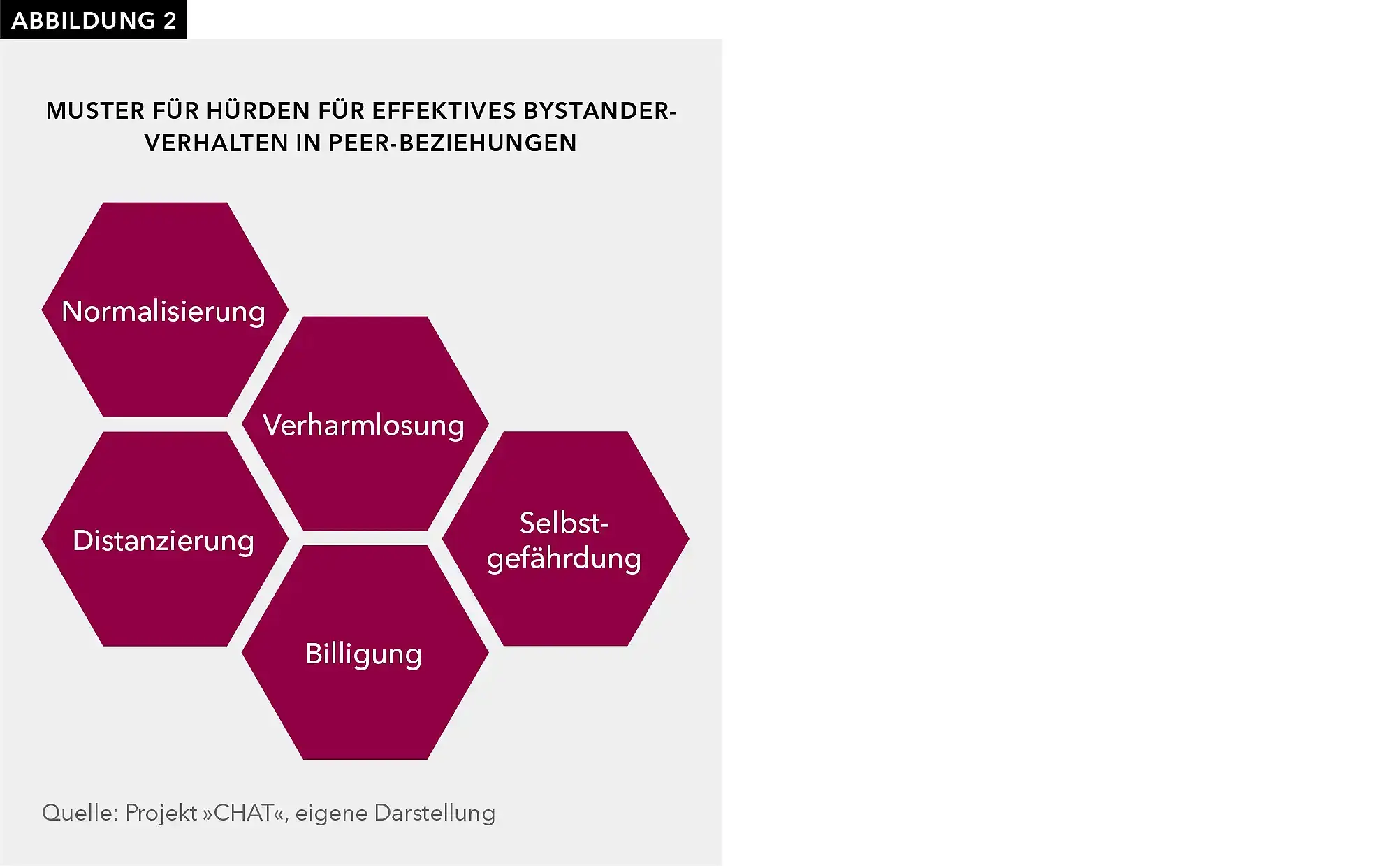 Abbildung 2 zeigt fünf Muster von Hürden, die sich in Peer-Beziehungen zeigen und ein effektives Bystander-Verhalten erschweren können. Diese werden im Folgenden näher vorgestellt und lauten: Normalisierung, Verharmlosung, Billigung, Distanzierung und Selbstgefährdung.