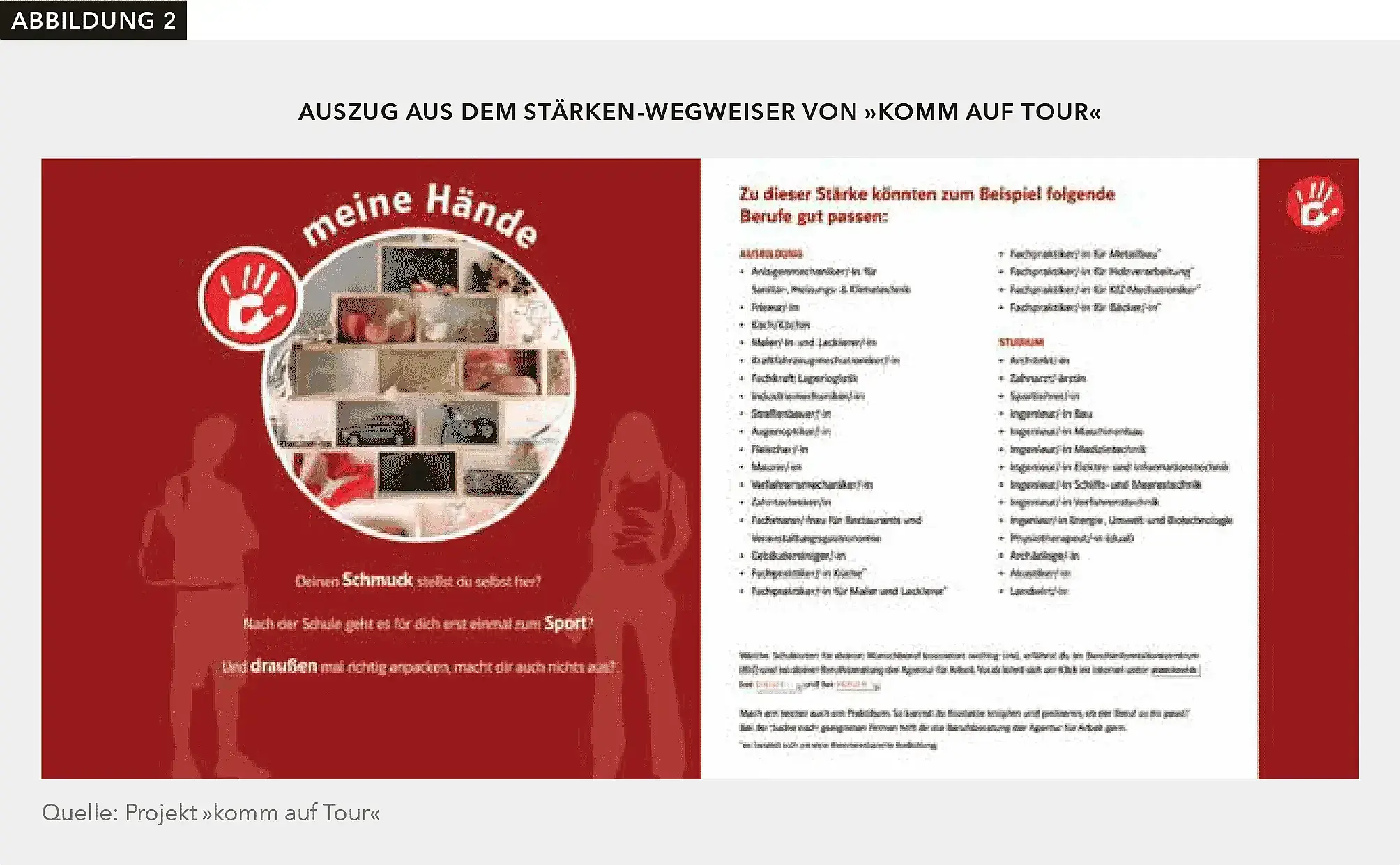 Auszug aus dem Stärken-Wegweiser von „komm auf Tour“. Das Beispiel gibt an, welche Ausbildungen und Studiengänge zu Menschen passen, die handwerkliche Begabungen haben. 