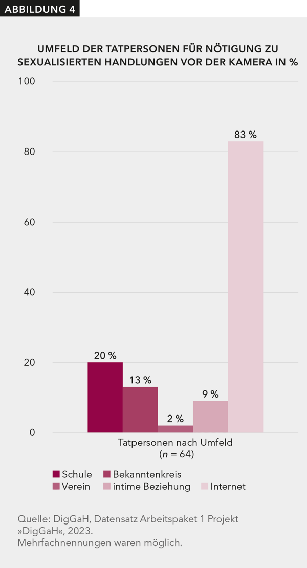 In 83 % der Fälle wurden Nötigungen zu sexualisierten Handlungen vor der Kamera von Personen aus dem Internet ausgeübt. 20 % der Tatpersonen stammten aus der Schule.