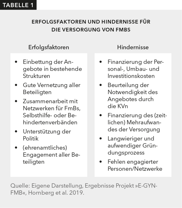 Tabelle 1 zeigt, welche Faktoren eine gute Versorgung von Frauen mit Behinderung fördern (Erfolgsfaktoren) und welche sie behindern.