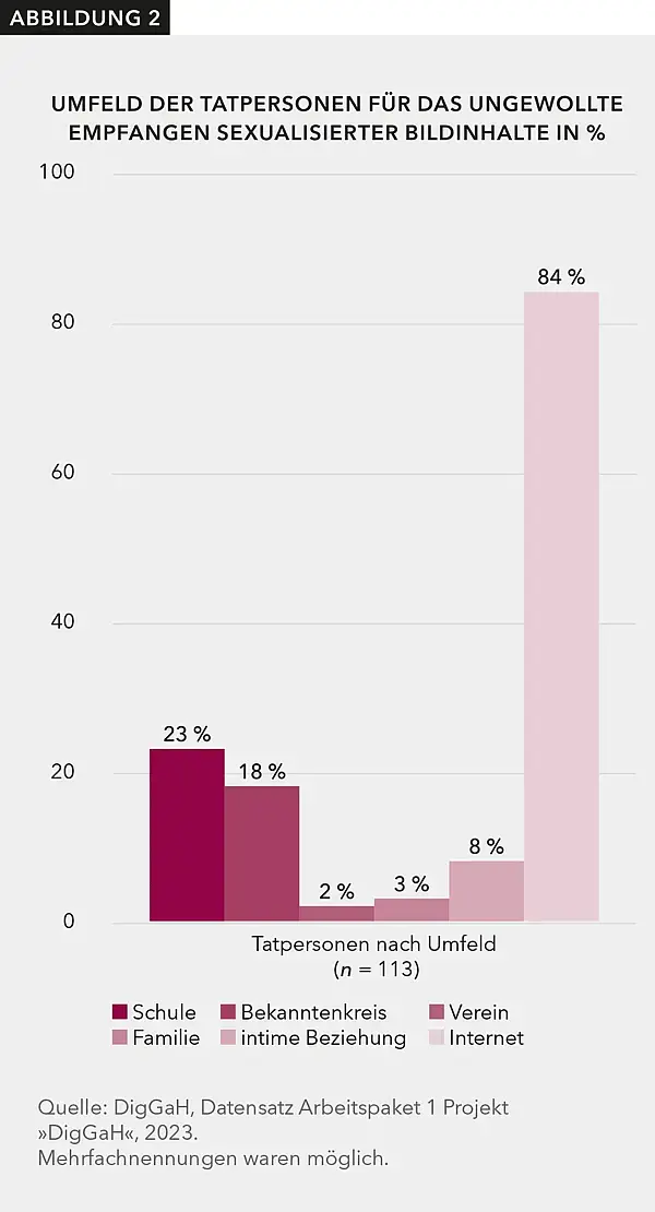 84 % der befragten Jugendlichen erhielten ungewollte sexualisierte Bildinhalten von Tatpersonen aus dem Internet. 23 % der Tatpersonen stammten aus der Schule. 18 % waren aus dem Bekanntenkreis bekannt.