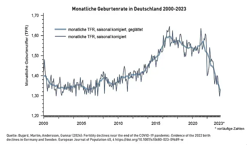 Das Liniendiagramm zeigt die monatliche Geburtenrate in Deutschland von 2000 bis 2023