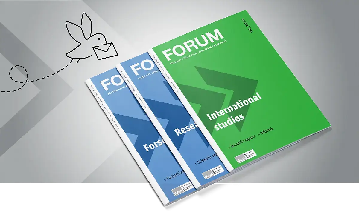 Teaserbild zeigt drei Ausgaben des FORUM sowie einen gezeichneten Vogel mit einem Brief im Schnabel