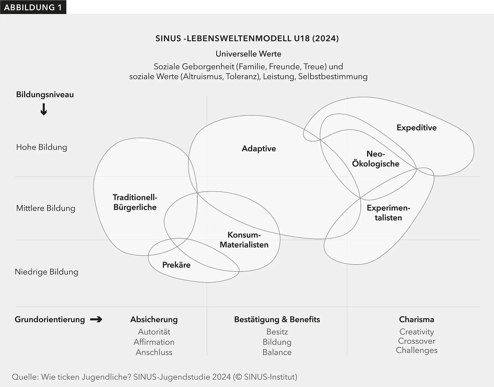 Welche Lebenswelten Jugendlicher es 2024 gibt, zeigt diese Grafik, die aus Werthaltungen und Bildungsniveau diverse Milieus definiert.  