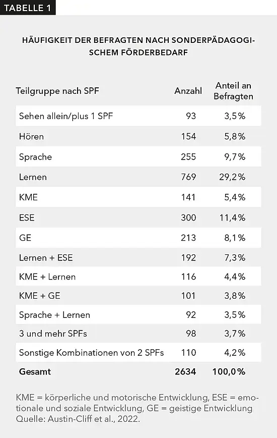 Übersicht über die gebildeten Teilgruppen nach sonderpädagogischem Förderbedarf.